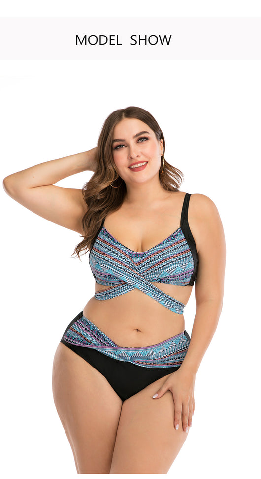 Plus size two-piece swimsuit with a black base, colorful geometric pattern, criss-cross top, and high-waisted bottom. - Image 24