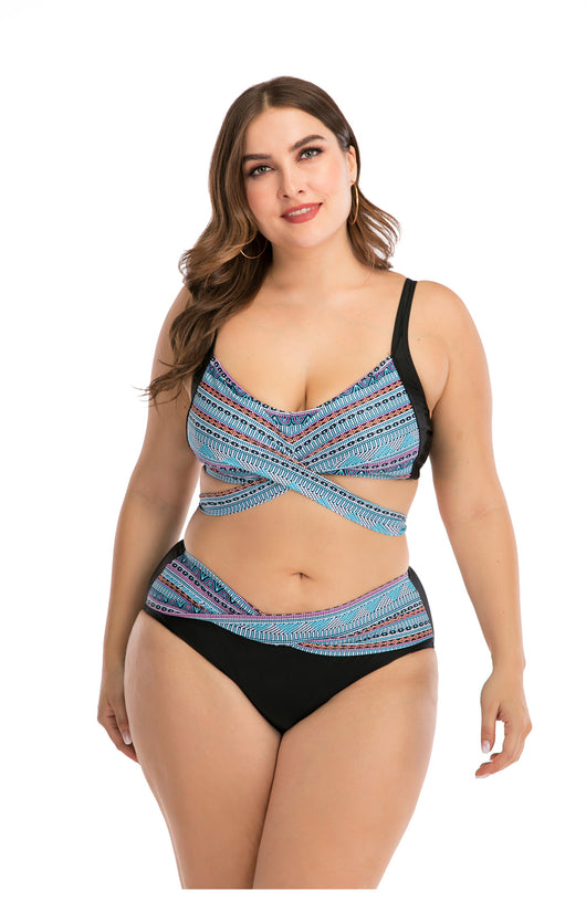 Plus size two-piece swimsuit with a black base, colorful geometric pattern, criss-cross top, and high-waisted bottom. - Image 28
