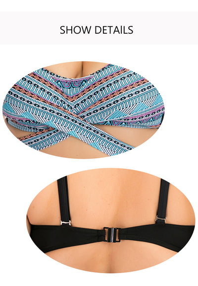 Plus size two-piece swimsuit with a black base, colorful geometric pattern, criss-cross top, and high-waisted bottom. - Image 32