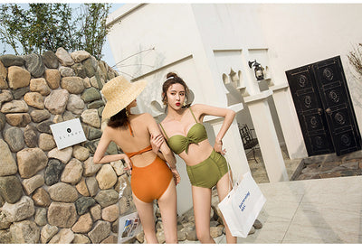 Olive green tube top swimsuit with a front tie and high-waisted ruched bottoms in a textured fabric. - Image 10