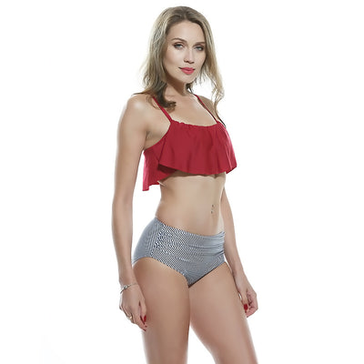 Navy blue ruffled tube top swimsuit with high-waisted bottoms featuring a white geometric pattern. - Image 13