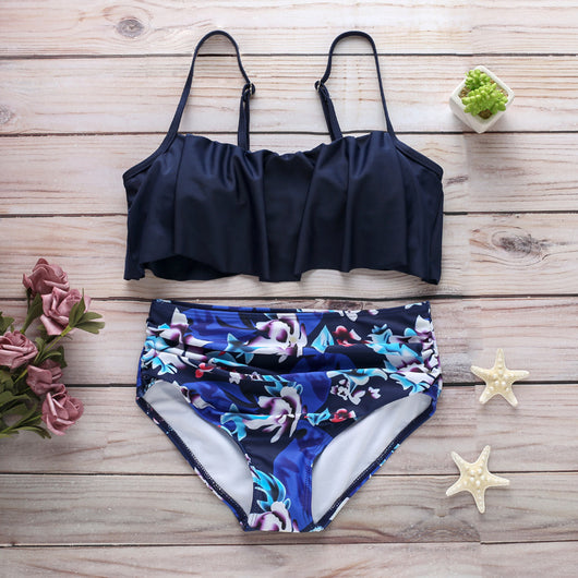 Navy blue ruffled tube top swimsuit with high-waisted bottoms featuring a white geometric pattern. - Image 17