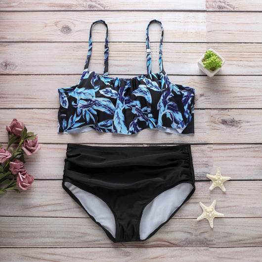Navy blue ruffled tube top swimsuit with high-waisted bottoms featuring a white geometric pattern. - Image 18
