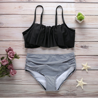 Navy blue ruffled tube top swimsuit with high-waisted bottoms featuring a white geometric pattern. - Image 20