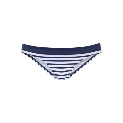 Woman smiling on a beach wearing a navy and white striped two-piece bikini with a racerback top. - Image 10