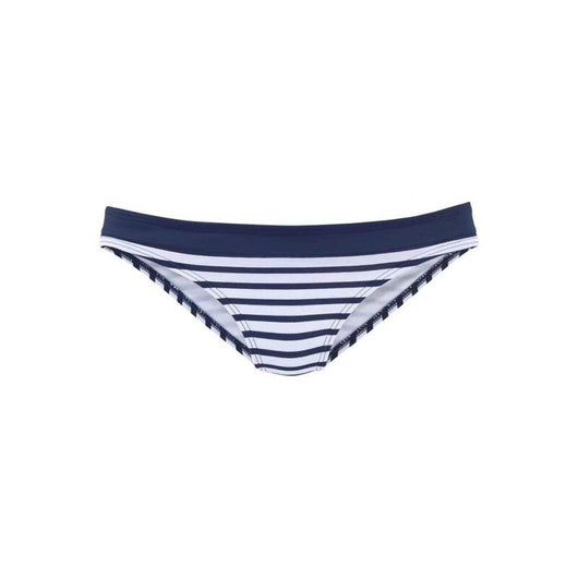 Woman smiling on a beach wearing a navy and white striped two-piece bikini with a racerback top. - Image 10
