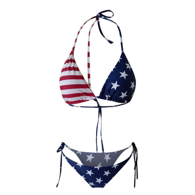 Women's American flag print two-piece bikini swimsuit with red and white stripes and blue with white stars. - Image 10