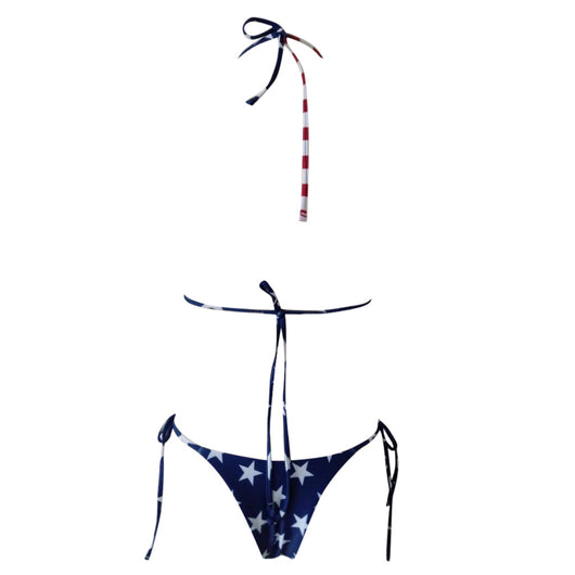 Women's American flag print two-piece bikini swimsuit with red and white stripes and blue with white stars. - Image 11
