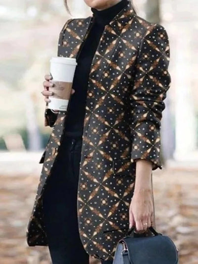 Abrigo Largo de Lana Estampado para Mujer con Cuello de Pie - Image 6