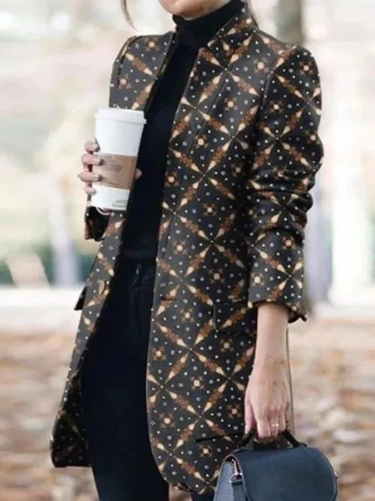 Abrigo Largo de Lana Estampado para Mujer con Cuello de Pie - Image 6