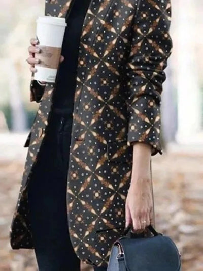 Abrigo Largo de Lana Estampado para Mujer con Cuello de Pie - Image 7