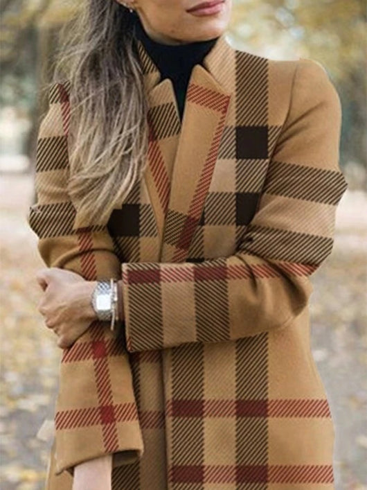 Abrigo Largo de Lana Estampado para Mujer con Cuello de Pie - Image 13