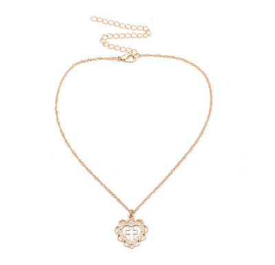 Collar Colgante de Corazón y Cruz en Tono Durazno - Image 18
