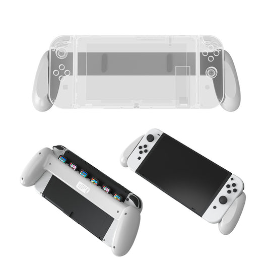 White game console grip for Switch OLED host, featuring ergonomic handles and multiple card storage slots. - Image 13