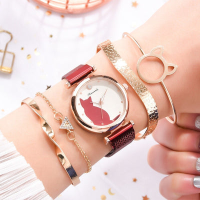 Juego de Reloj y Pulsera con Diseño de Gato para Mujer - Image 32