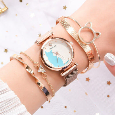 Juego de Reloj y Pulsera con Diseño de Gato para Mujer - Image 40