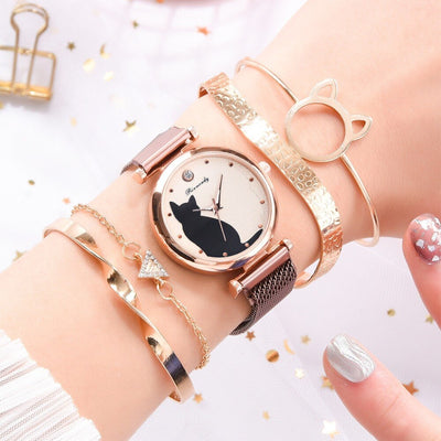 Juego de Reloj y Pulsera con Diseño de Gato para Mujer - Image 41