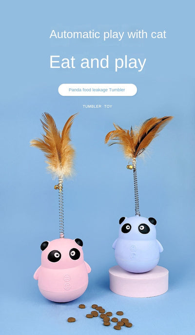 Light blue panda tumbler pet toy with a spring-attached feather and bell, designed to dispense treats. - Image 8