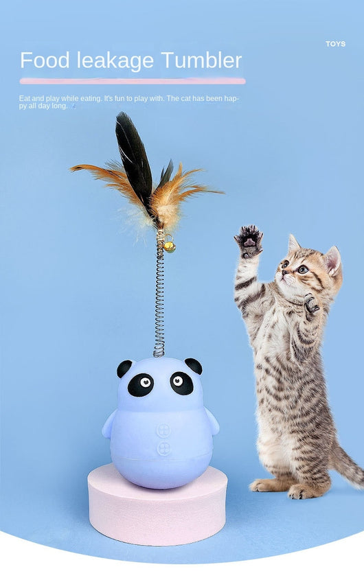 Light blue panda tumbler pet toy with a spring-attached feather and bell, designed to dispense treats. - Image 10
