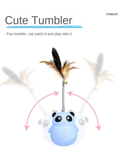 Light blue panda tumbler pet toy with a spring-attached feather and bell, designed to dispense treats. - Image 11
