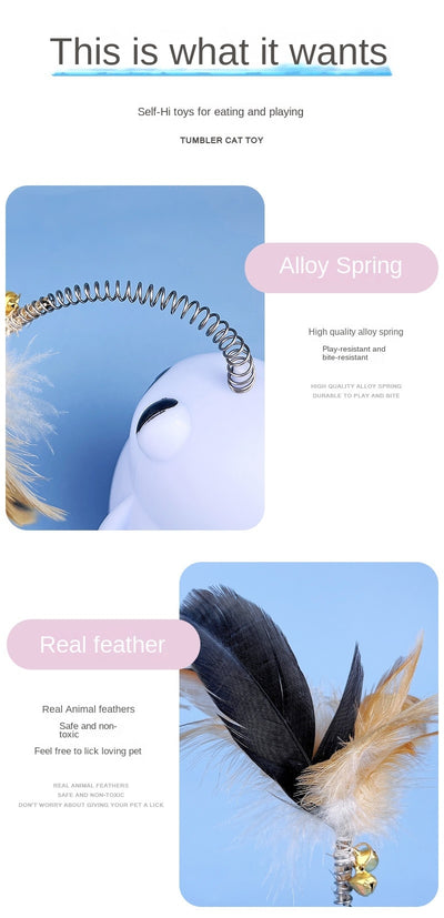 Light blue panda tumbler pet toy with a spring-attached feather and bell, designed to dispense treats. - Image 13