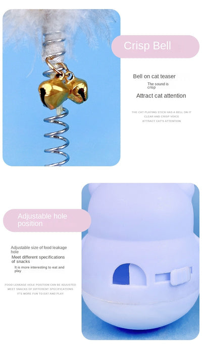 Light blue panda tumbler pet toy with a spring-attached feather and bell, designed to dispense treats. - Image 14