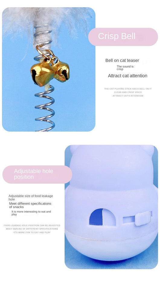 Light blue panda tumbler pet toy with a spring-attached feather and bell, designed to dispense treats. - Image 14