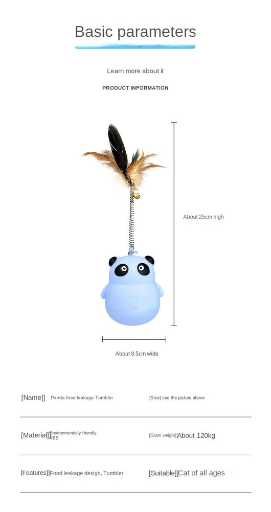 Light blue panda tumbler pet toy with a spring-attached feather and bell, designed to dispense treats. - Image 15