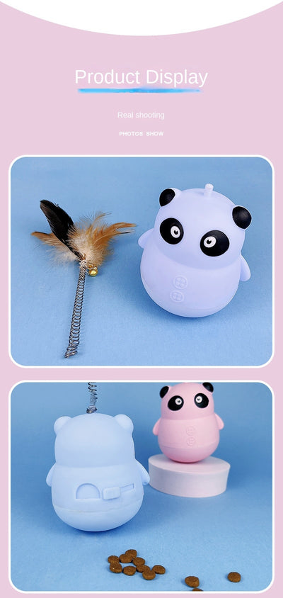 Light blue panda tumbler pet toy with a spring-attached feather and bell, designed to dispense treats. - Image 16