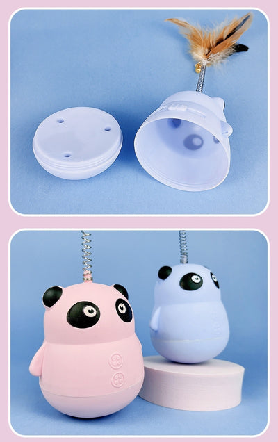Light blue panda tumbler pet toy with a spring-attached feather and bell, designed to dispense treats. - Image 17