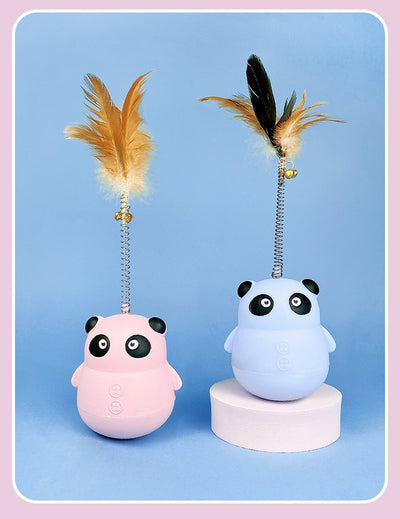 Light blue panda tumbler pet toy with a spring-attached feather and bell, designed to dispense treats. - Image 18