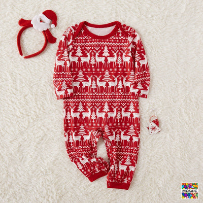 Family Christmas pajama set with grey long-sleeve tops featuring "Merry Christmas" and reindeer antlers, paired with red and black buffalo plaid pants. - Image 9