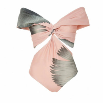 Women's vintage pink off-the-shoulder swimsuit with twisted front, cut-outs, and gray feather print. - Image 9