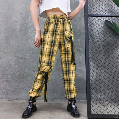 Pantalones Cargo Plaid Cintura Alta Elástica Mujer Estilo Streetwear