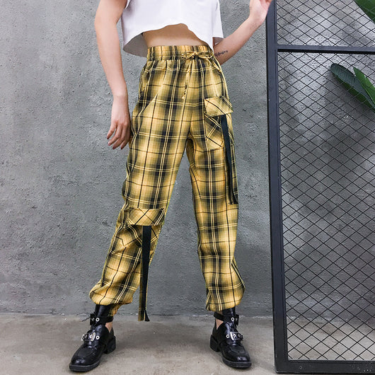 Pantalones Cargo Plaid Cintura Alta Elástica Mujer Estilo Streetwear