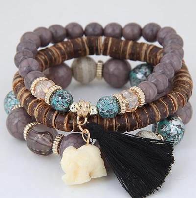 Pulsera Elefante Bebé con Cuentas de Madera y Borlas - Diseño Multicapas - Image 4