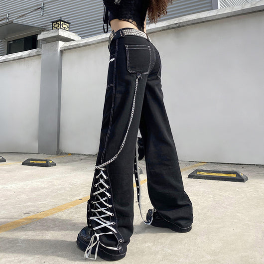 Pantalón Denim Ancho con Costuras y Encaje - Lavado Moderno - Image 10
