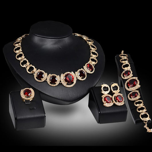 Conjunto de Joyería Nupcial Dorado con Cristales y Circones Verde y Rojo - Image 6