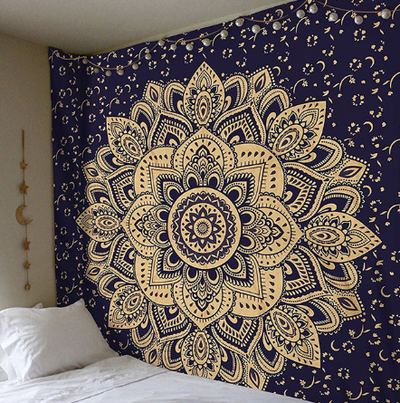 Black and white mandala tapestry with intricate geometric patterns hanging above a bed in a bedroom. - Image 10