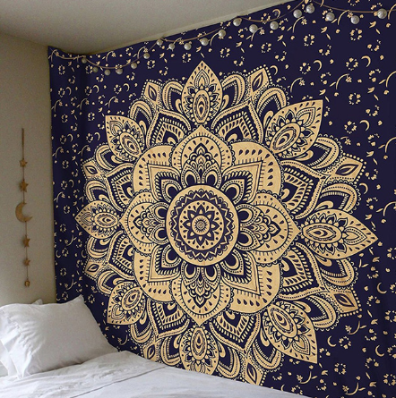 Black and white mandala tapestry with intricate geometric patterns hanging above a bed in a bedroom. - Image 10