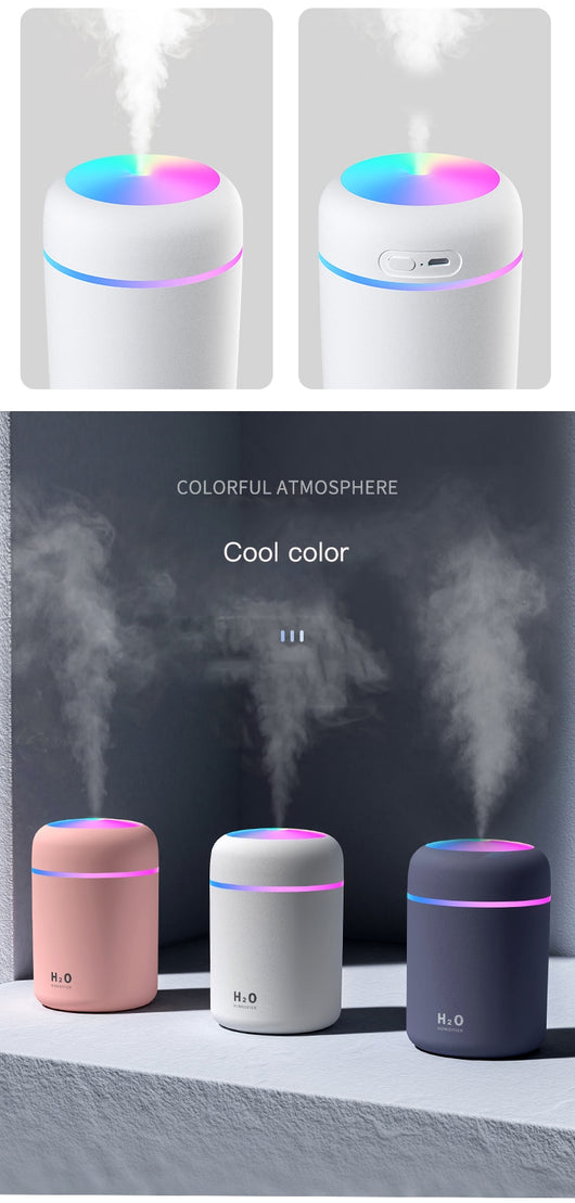 Dark gray cylindrical humidifier with colorful LED top light and thin light band, shown with five white filter sticks. - Image 12