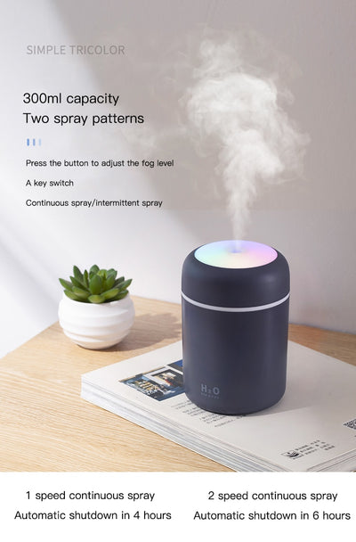 Dark gray cylindrical humidifier with colorful LED top light and thin light band, shown with five white filter sticks. - Image 11