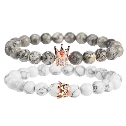 Pulsera de Piedra Volcánica con Circonita Incrustada y Turquesa Blanca - Image 3