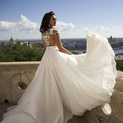 Vestido de Novia Bohemio con Apliques de Encaje, Largo Piso en Gasa Elegante - Image 7