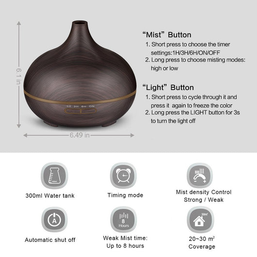 Wood grain ultrasonic aromatherapy diffuser and humidifier with a glowing blue LED light band and control buttons. - Image 14