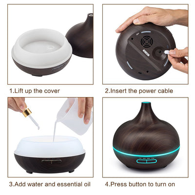 Wood grain ultrasonic aromatherapy diffuser and humidifier with a glowing blue LED light band and control buttons. - Image 13