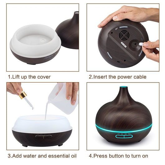 Wood grain ultrasonic aromatherapy diffuser and humidifier with a glowing blue LED light band and control buttons. - Image 13