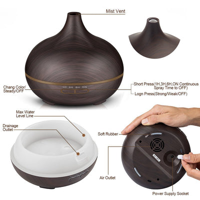 Wood grain ultrasonic aromatherapy diffuser and humidifier with a glowing blue LED light band and control buttons. - Image 12