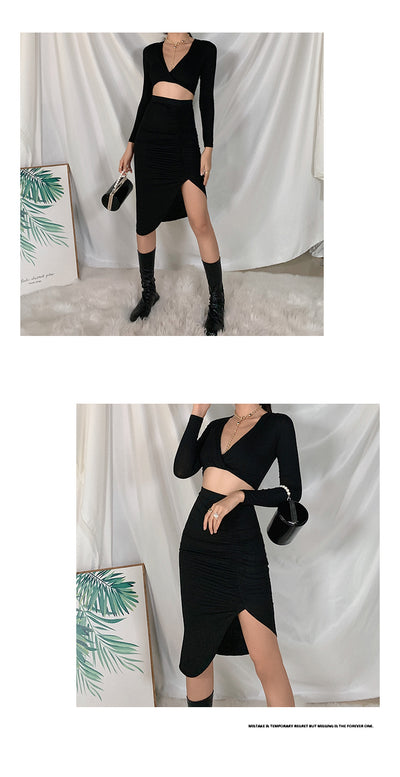 Conjunto Elegante: Blusa V-Escote Manga Larga + Falda Larga Ajustada - Image 8