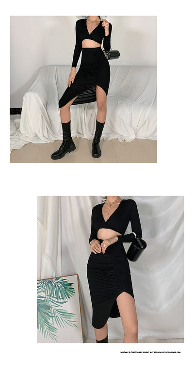 Conjunto Elegante: Blusa V-Escote Manga Larga + Falda Larga Ajustada - Image 9
